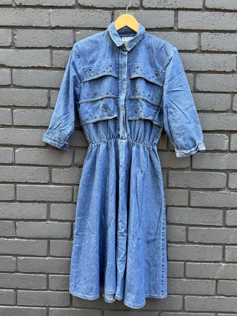 VTG 80s USA Made Nina Piccalino Denim Dress A line Studded Padded Shoulder Rodeo